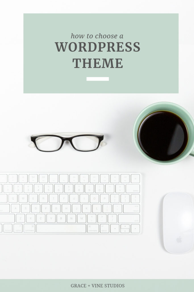 White keyboard with coffee mug, black rimmed glasses and a white Apple brand mouse. Text overlay that says How to Choose a Wordpress Theme.